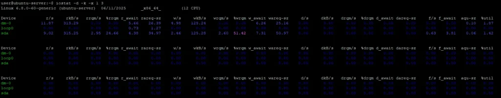 Show All Statistics, iostat -d -k -x 1 3