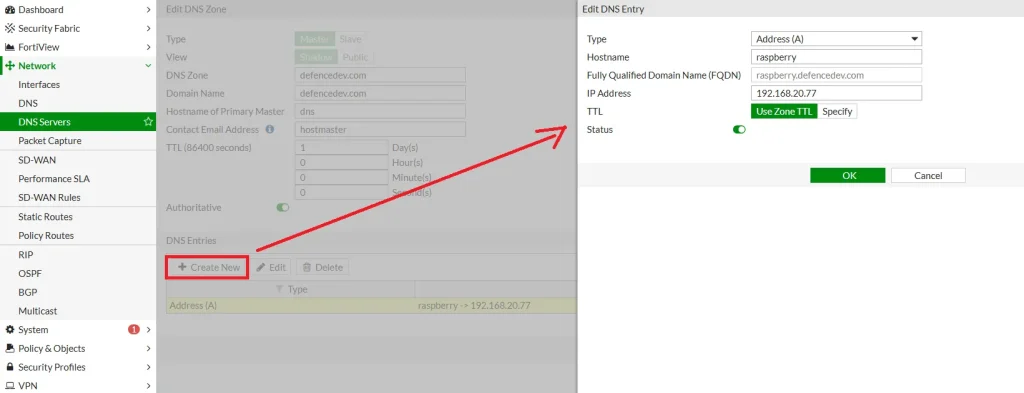 Add a Local DNS Record Using FortiGate DNS Database