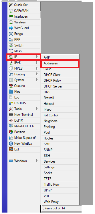 Winbox, Navigate to IP -> Addresses