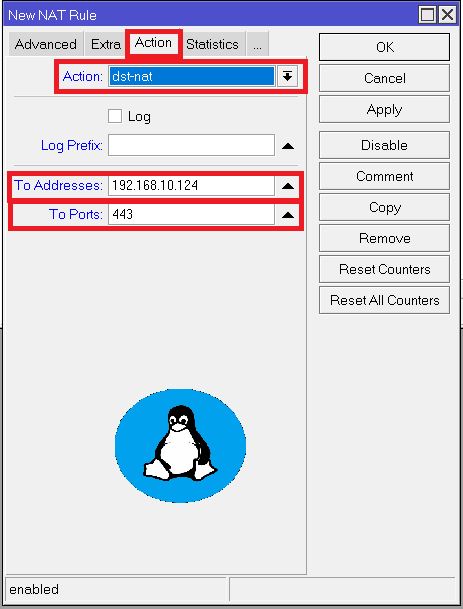 A screenshot of WinBox showing the 'New NAT Rule' section expanded, and tab 'Action' option.