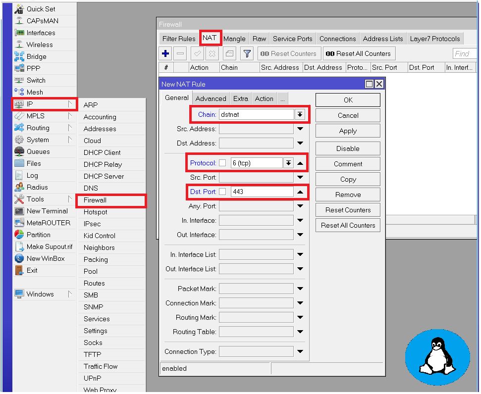 A screenshot of WinBox showing the main menu with the 'IP' section expanded, highlighting the 'Routes' option and 'NAT' submenu