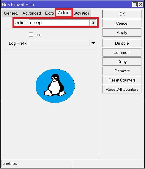 A screenshot of WinBox showing the process of creating 'New Firewall Rule' and choosing 'Action'