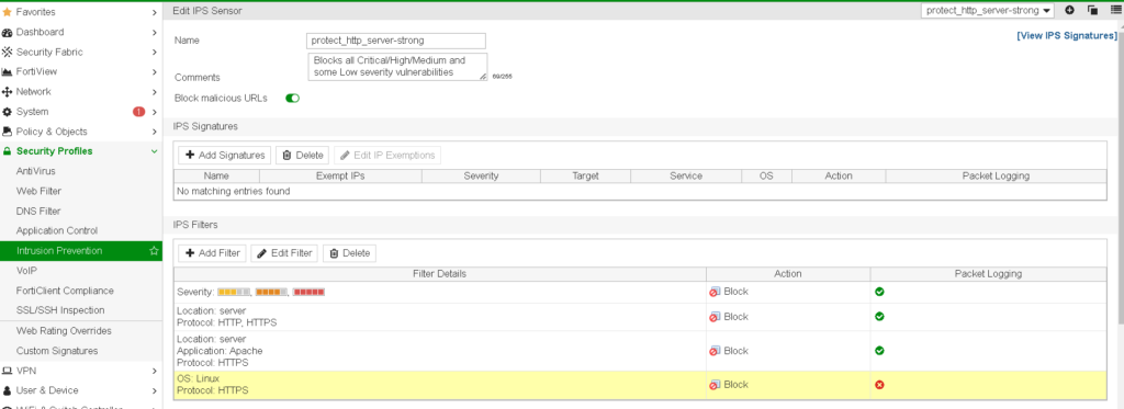 FortiGate Intrusion Prevention Security Profile