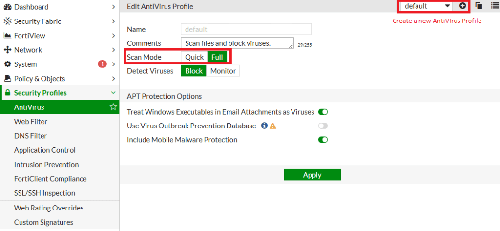 FortiGate Flow-Based Antivirus Configuration