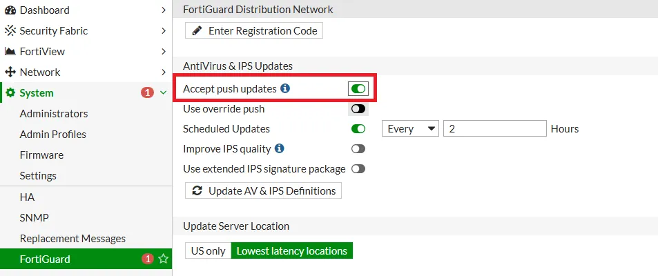 FortiGate Antivirus Push Updates