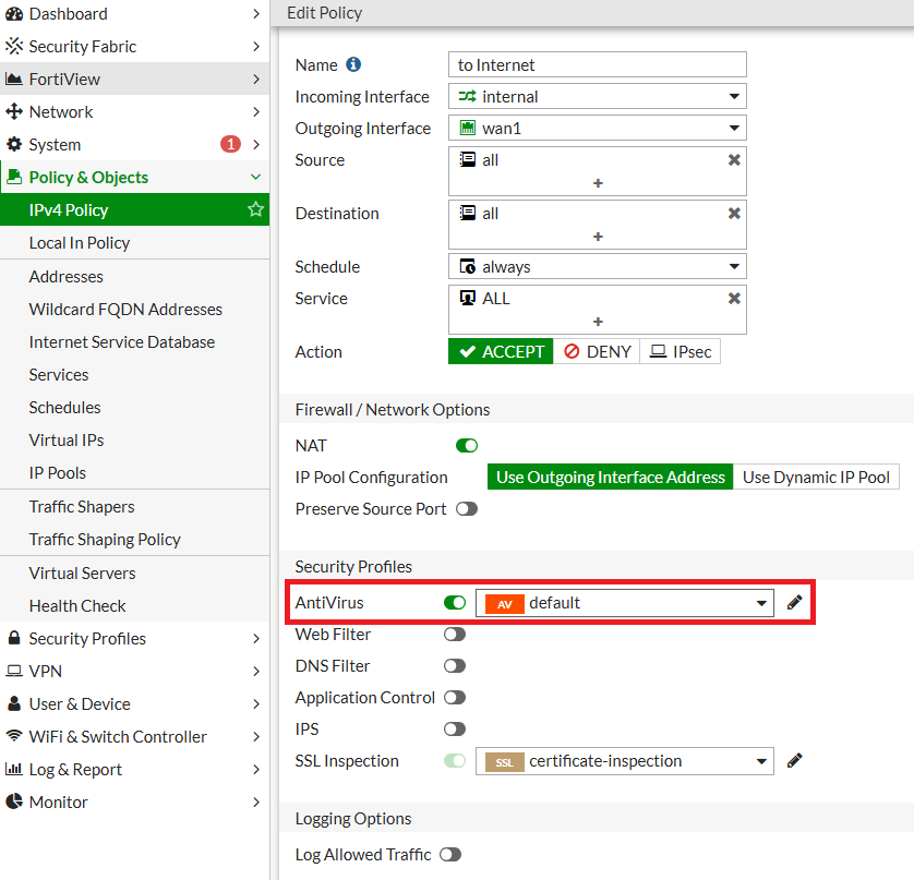 FortiGate Policy Antivirus Configuration