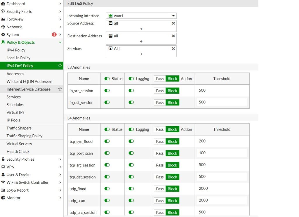 DoS policy creation and list of possible detections 